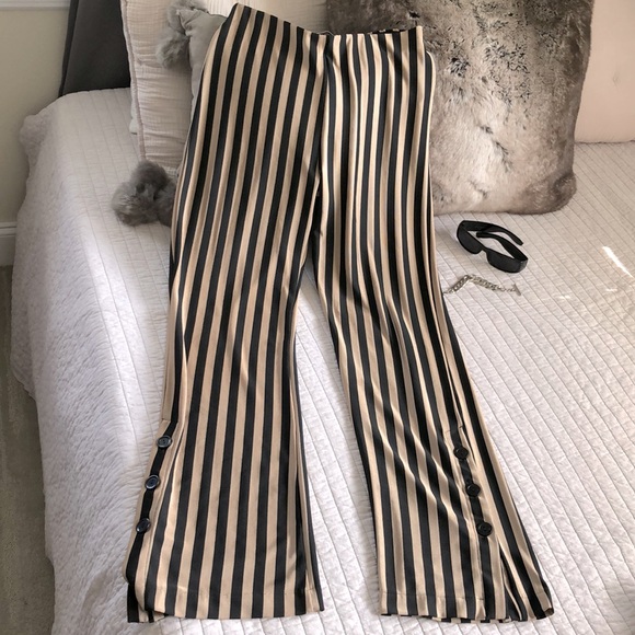 Zara Pants - Zara tan black striped pull on straight leg pants med